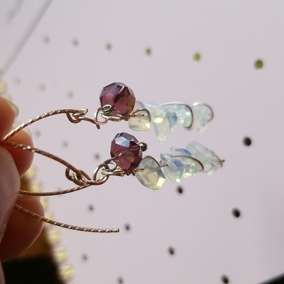 Handmade Earrings - Moonstone Chips & Dark Lilac Crystal Rondelle - EUC - Picture 6 of 7